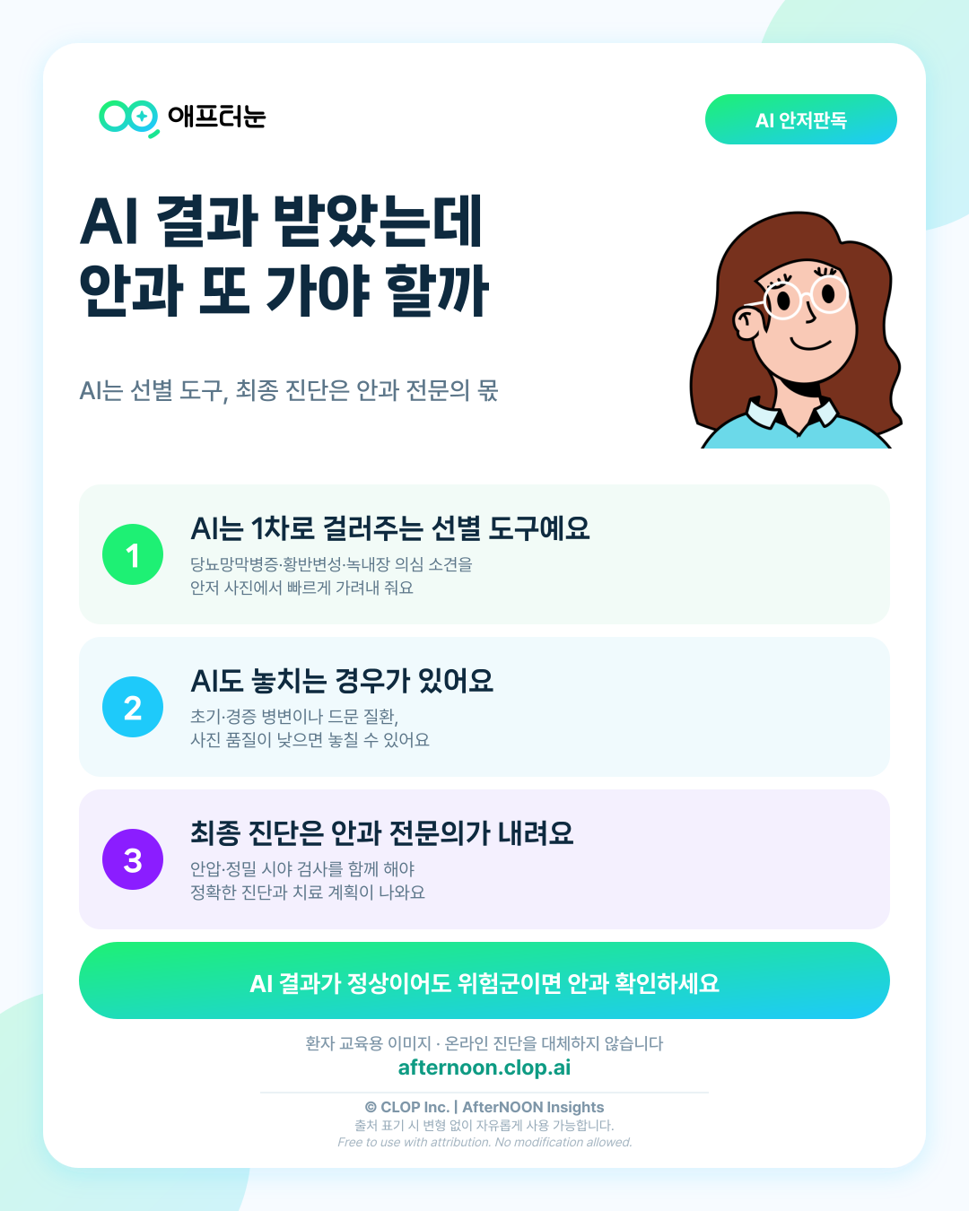 AI 안저판독 결과가 나왔는데, 안과에도 가야 할까요? 핵심 내용을 요약한 AfterNOON 환자 교육용 인포그래픽