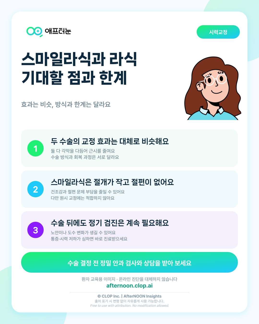 스마일라식 비교와 오해를 권유받았을 때: 기대할 점과 한계 핵심 내용을 요약한 AfterNOON 환자 교육용 인포그래픽