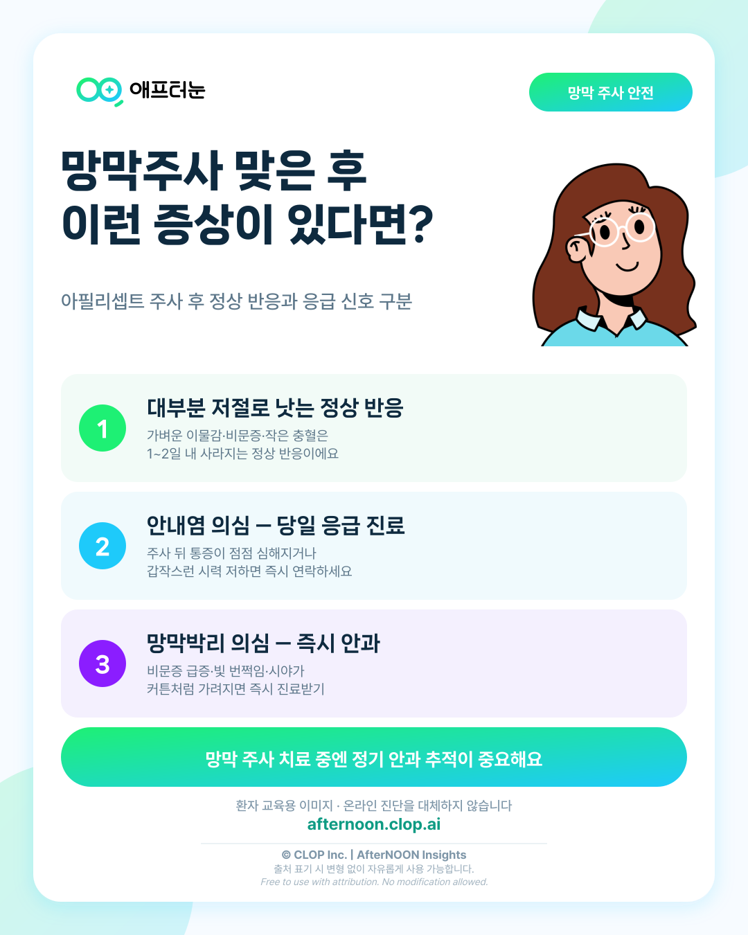 망막주사(아필리셉트) 맞은 후 이런 증상이 있다면 즉시 안과로 핵심 내용을 요약한 AfterNOON 환자 교육용 인포그래픽