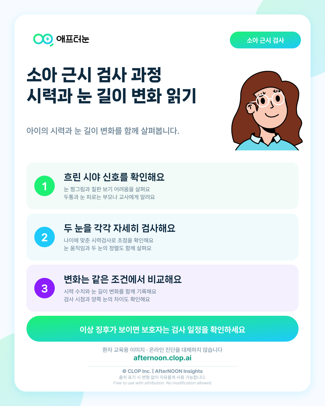 소아 근시 검사 과정과 시력·안축장 변화 읽는 법 알아보기 핵심 내용을 요약한 AfterNOON 환자 교육용 인포그래픽