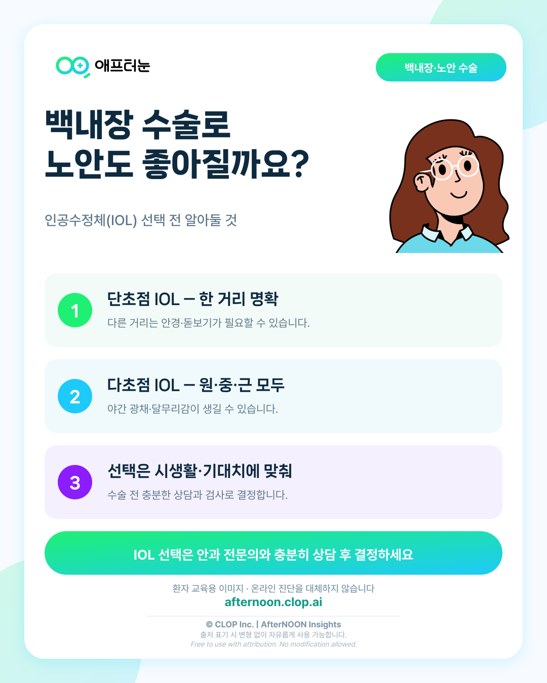 백내장 수술로 노안까지 좋아질 수 있을까? 인공수정체 선택 전 알아둘 점 핵심 내용을 요약한 AfterNOON 환자 교육용 인포그래픽