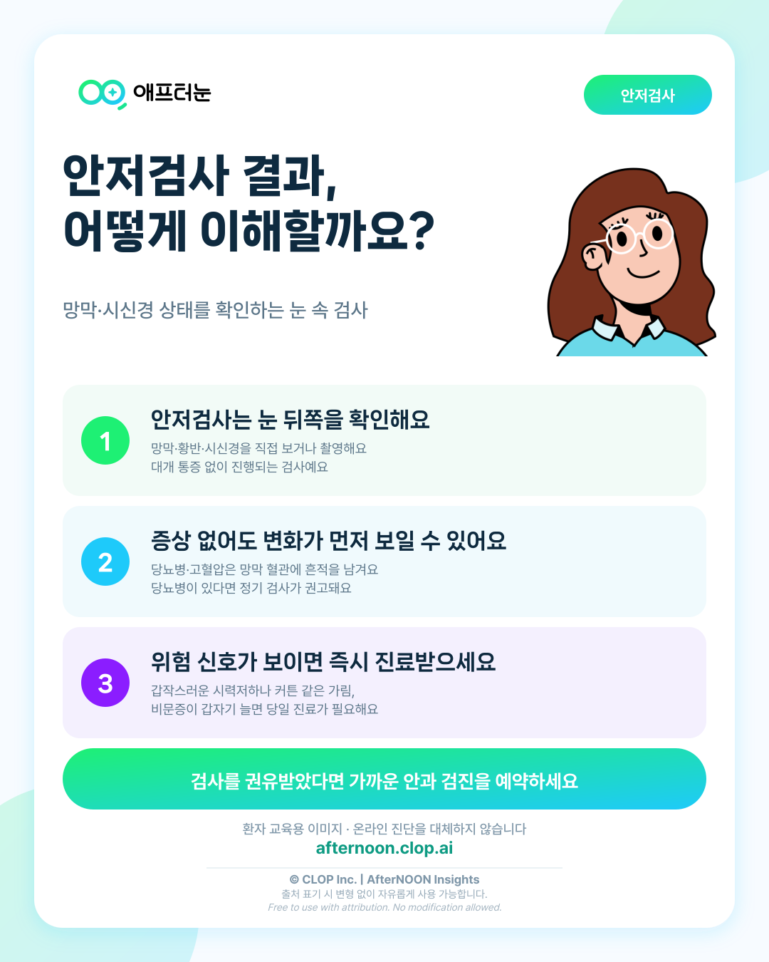 안저검사: 검사 의미와 결과 이해하기 핵심 내용을 요약한 AfterNOON 환자 교육용 인포그래픽
