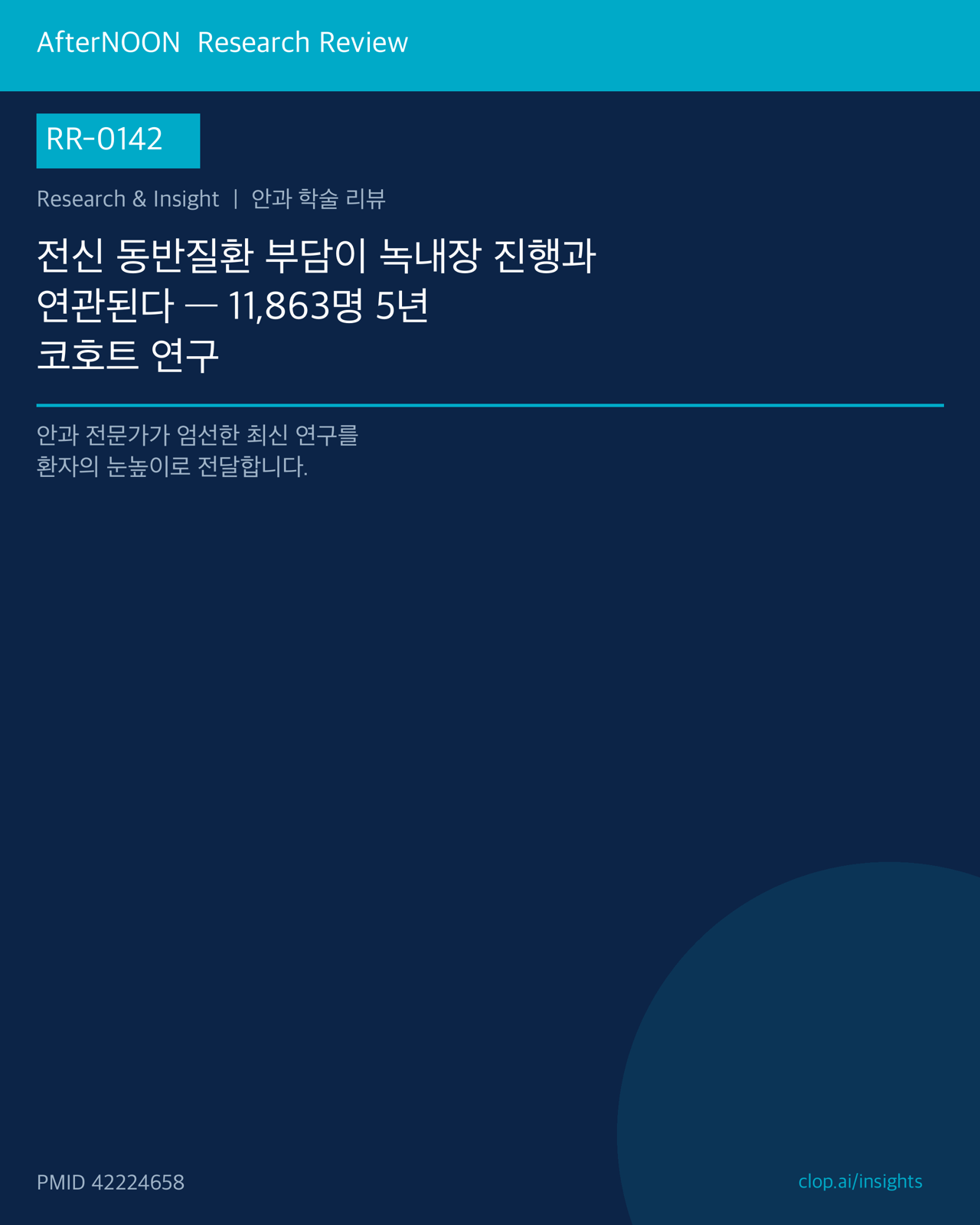 RR-0142 연구 리뷰 표지: 전신 동반질환 부담이 녹내장 진행과 연관된다 — 11,863명 5년 코호트 연구