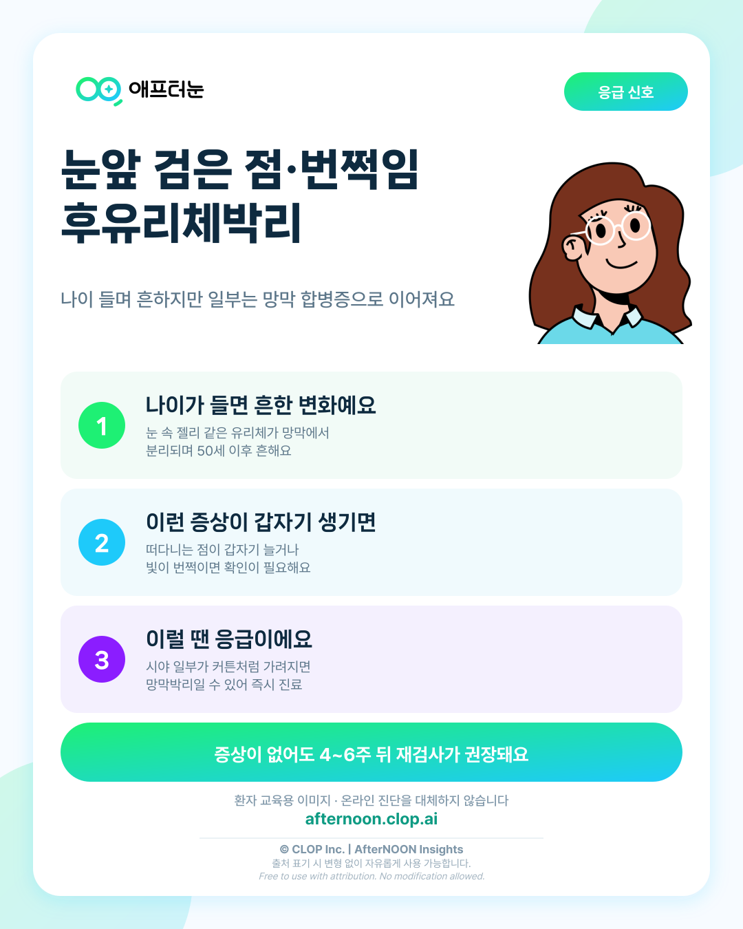 눈앞에 검은 점·번쩍이는 빛: 후유리체박리, 바로 진료가 필요한 신호 핵심 내용을 요약한 AfterNOON 환자 교육용 인포그래픽