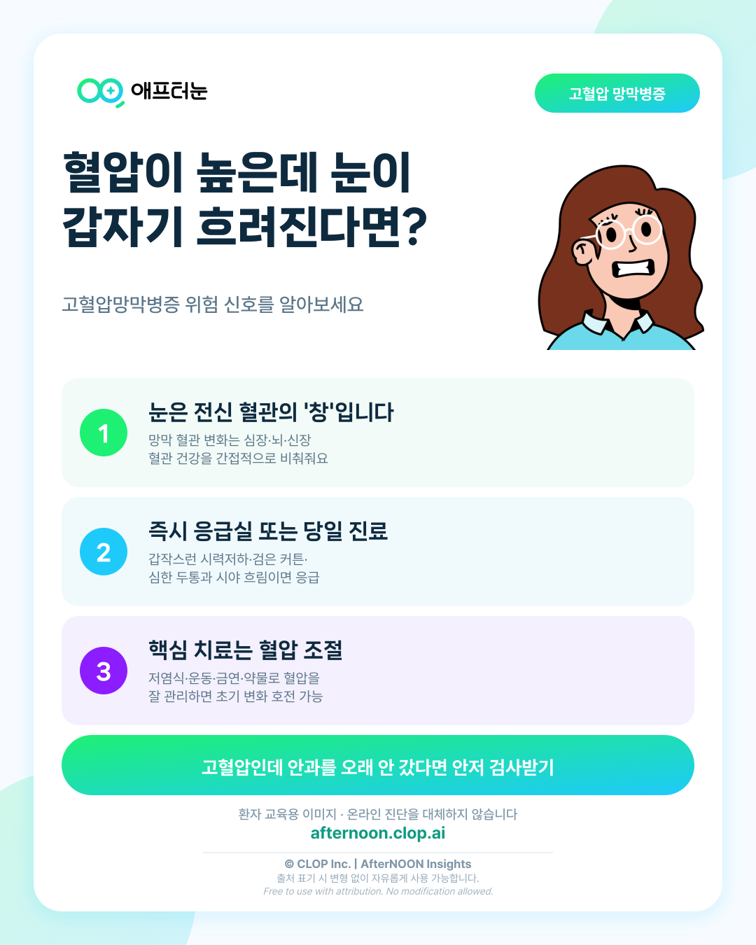 혈압이 높은데 눈이 갑자기 흐려진다면? 고혈압망막병증 위험 신호 핵심 내용을 요약한 AfterNOON 환자 교육용 인포그래픽