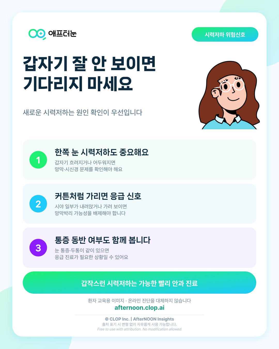 갑작스런 시력저하 위험신호: 지체하지 말고 안과·응급 진료가 필요한 경우 핵심 내용을 요약한 AfterNOON 환자 교육용 인포그래픽