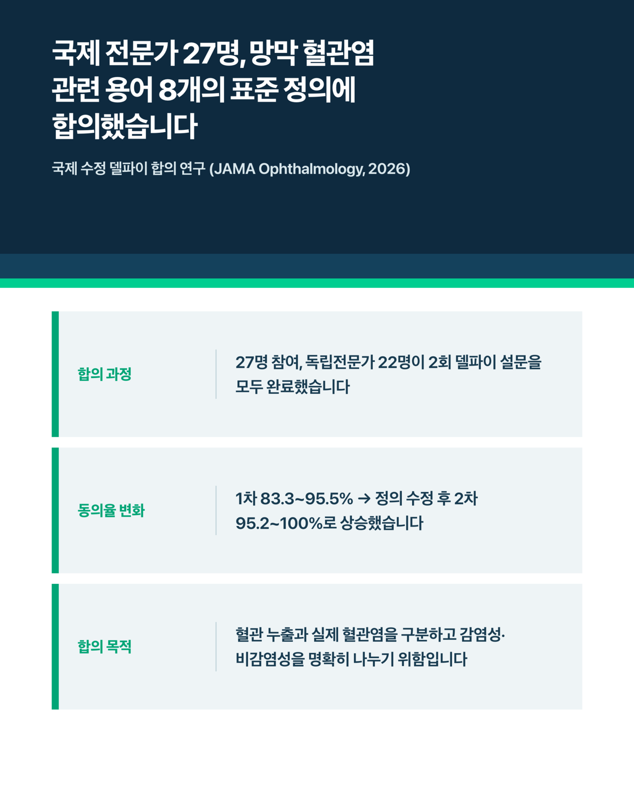 망막 혈관염과 혈관 누출을 구분하기 위한 국제 전문가 합의를 설명하는 의료 일러스트레이션